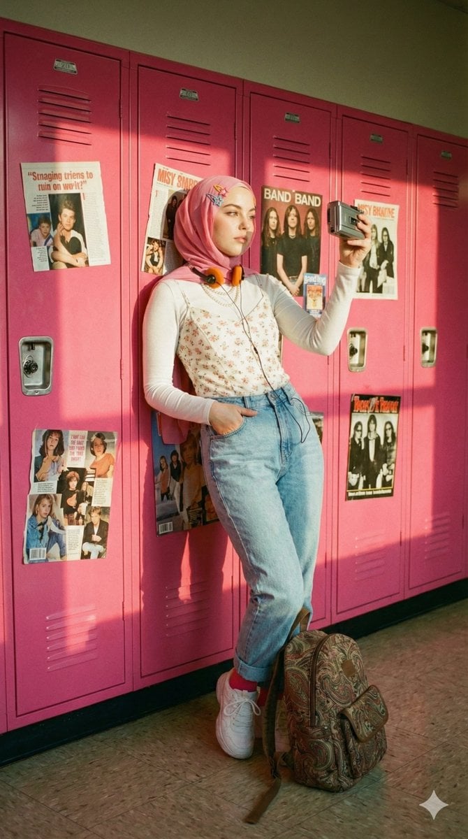 A cinematic, nostalgic portrait of a young hijab woman (use the reference photo)