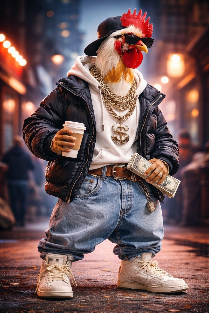 Ultra-realistic studio portrait of an anthropomorphic rooster styled like a stre