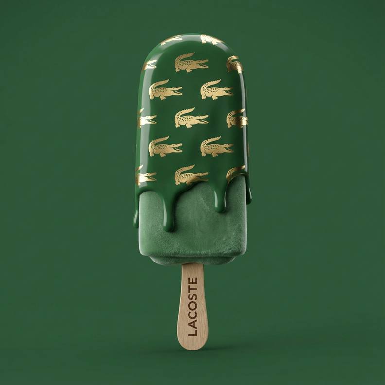 A perfectly vertical, hyper-realistic 3D popsicle by [@ YOUR LOGO] featuring a g