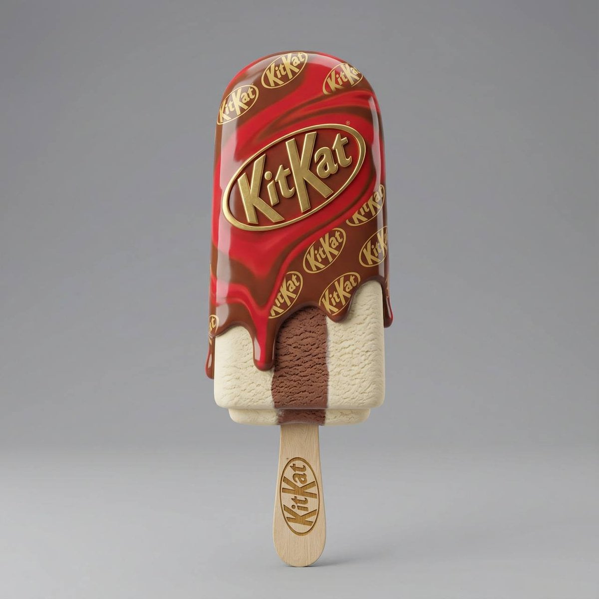 A perfectly vertical, hyper-realistic 3D popsicle by [@ YOUR LOGO] featuring a g