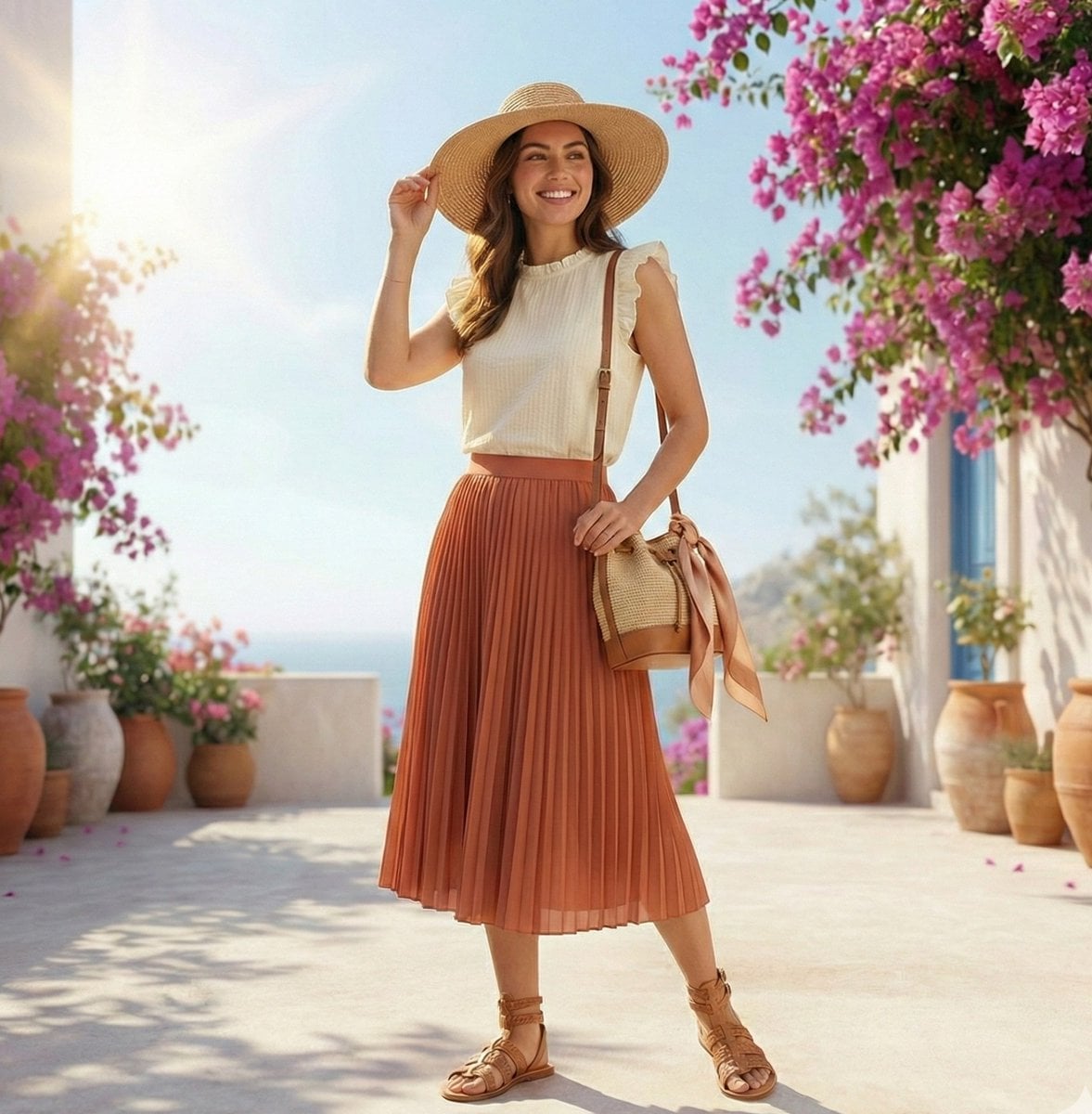 High-fashion summer outfit infographic with color-coordinated floating elements 