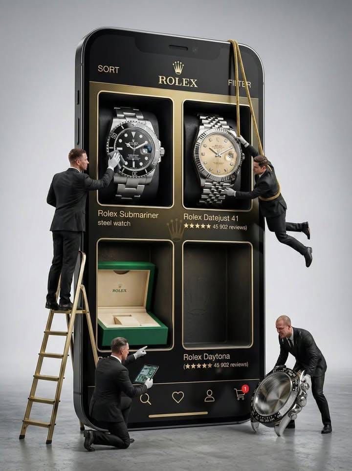 Ultra-realistic creative advertising scene showing a giant smartphone displaying
