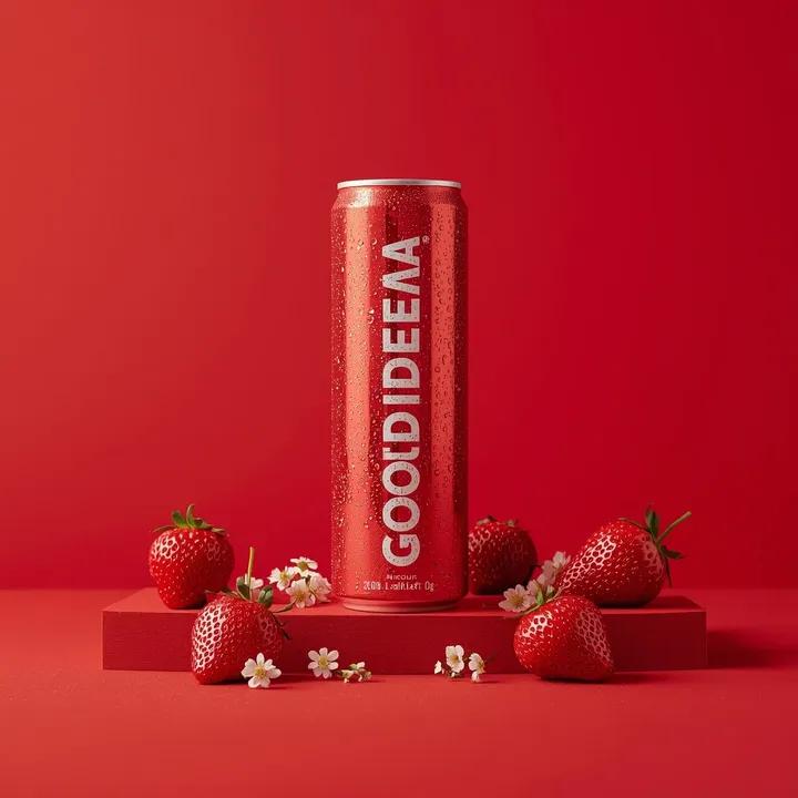 A premium studio product photograph of a tall, slim red aluminum sparkling water