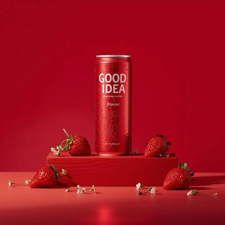 A premium studio product photograph of a tall, slim red aluminum sparkling water