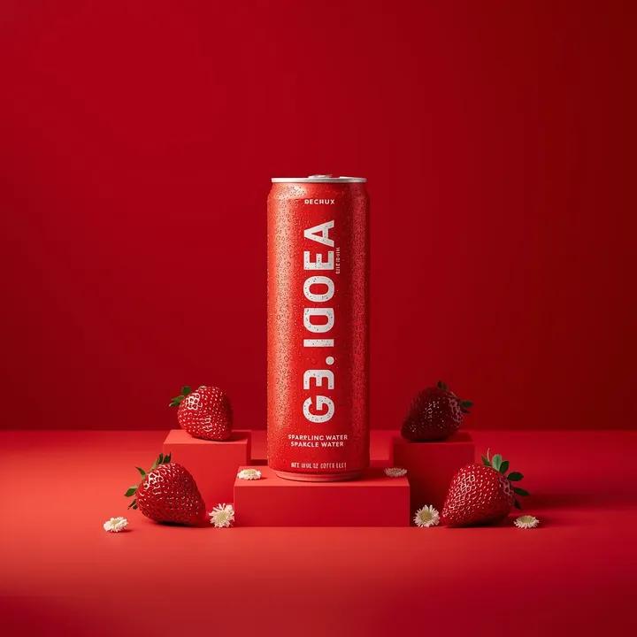 A premium studio product photograph of a tall, slim red aluminum sparkling water