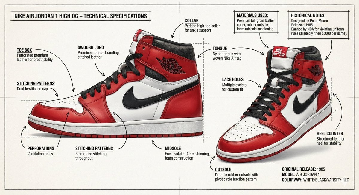 Create an infographic image of Nike Air Jordan 1 High OG sneaker, combining a re