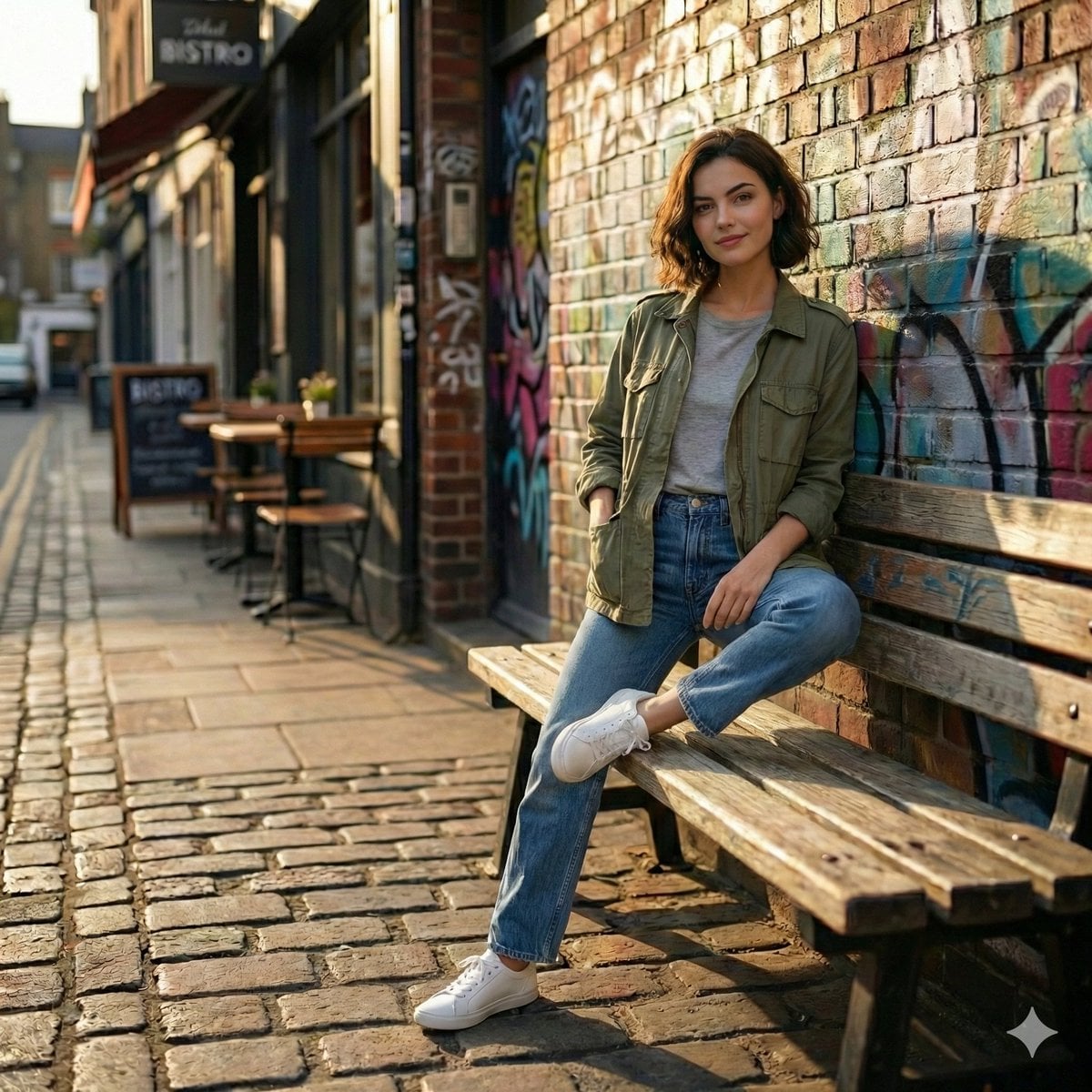 Cinematic realistic street scene, beautiful young woman with short wavy bob hair
