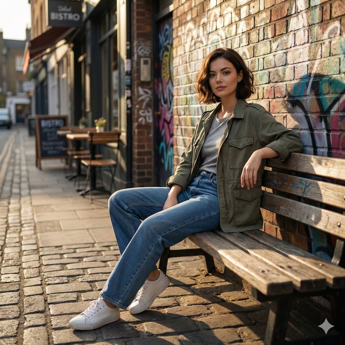 Cinematic realistic street scene, beautiful young woman with short wavy bob hair