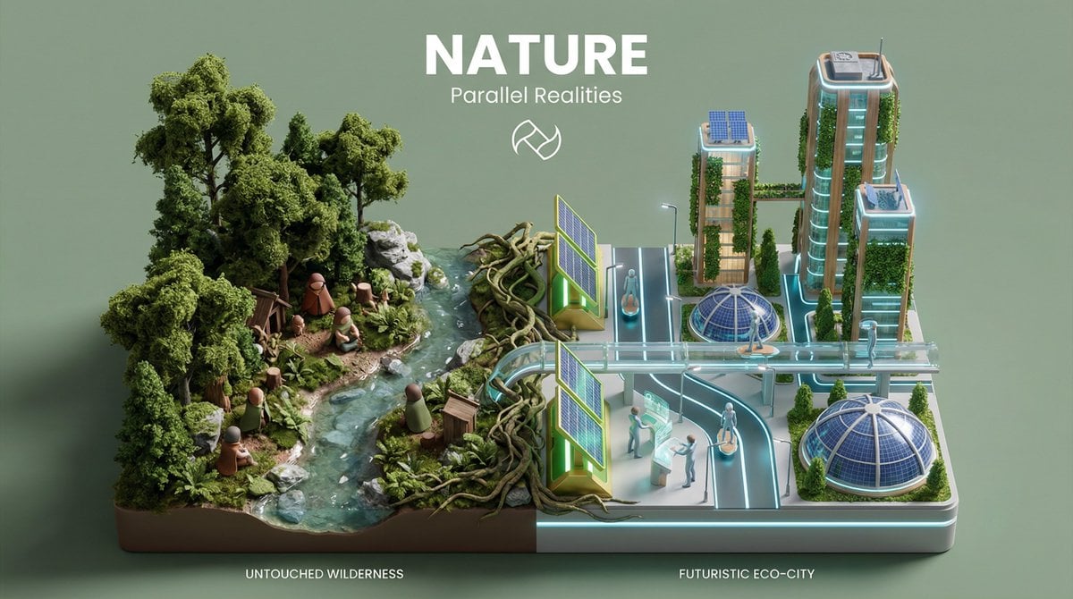 “Present a clear, 45° top-down isometric miniature 3D split diorama showing two 