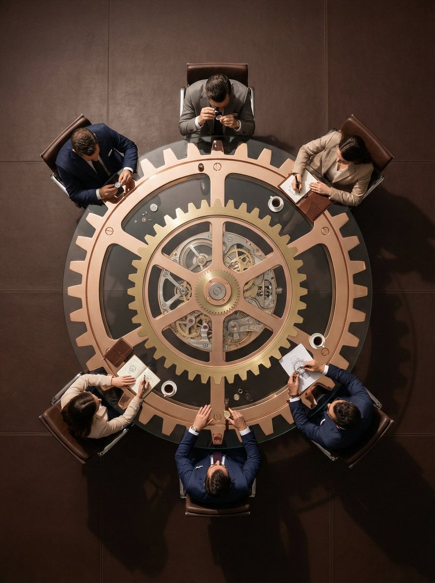 Ultra-wide-angle hyper-realistic top-down flat lay photography. The central focu