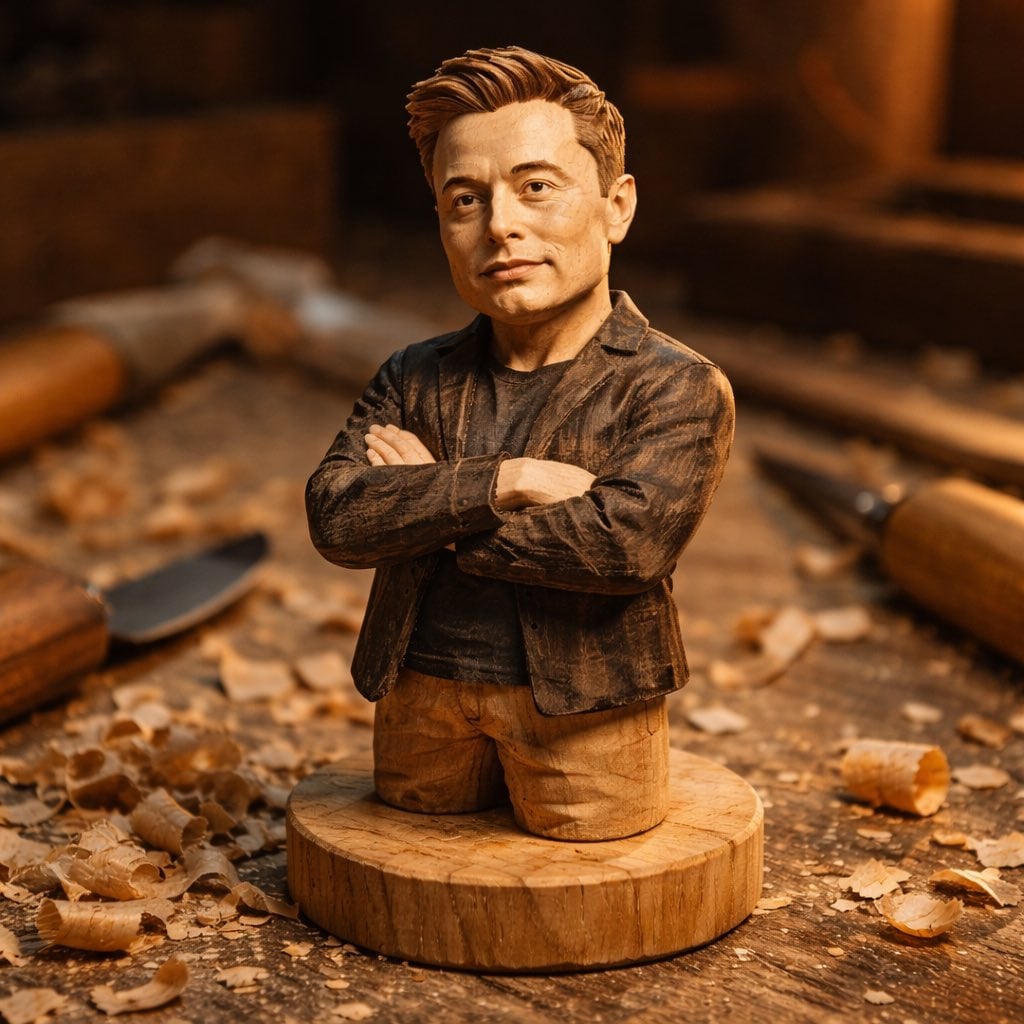 A hand-carved wooden miniature figure of [NAME], shaped with visible knife marks