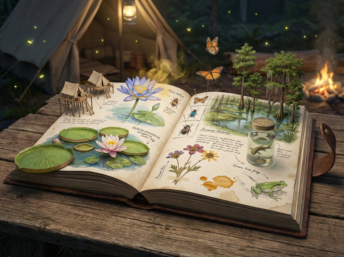 Epic 3D scene: a weathered field journal lies open on a naturalist's camp table,