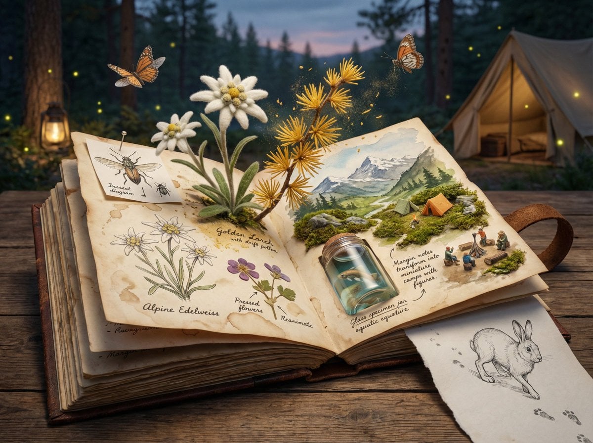 Epic 3D scene: a weathered field journal lies open on a naturalist's camp table,