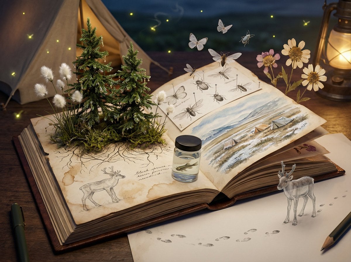 Epic 3D scene: a weathered field journal lies open on a naturalist's camp table,
