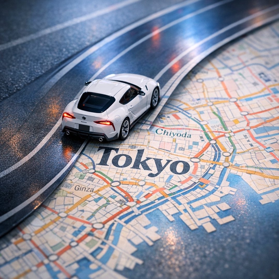 A surreal, hyper-realistic close-up scene of a miniature [CAR] driving along a w