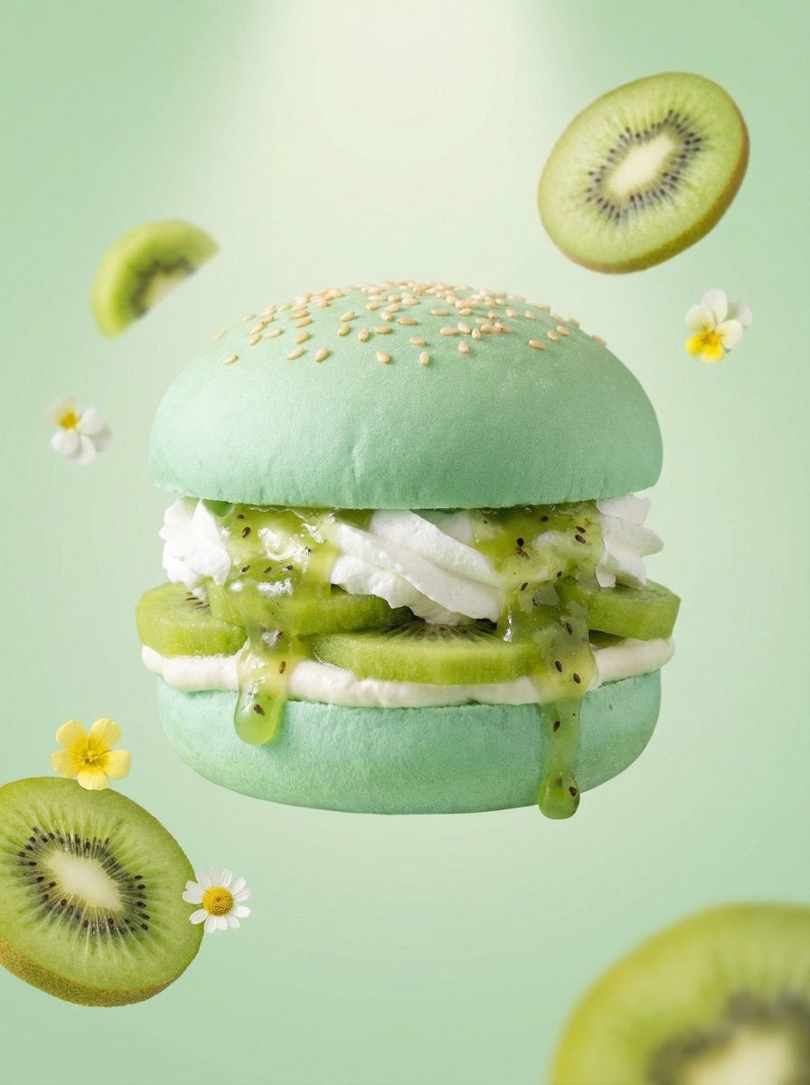A hyper-realistic {FRUIT} dessert burger, centered composition, soft pastel {FRU