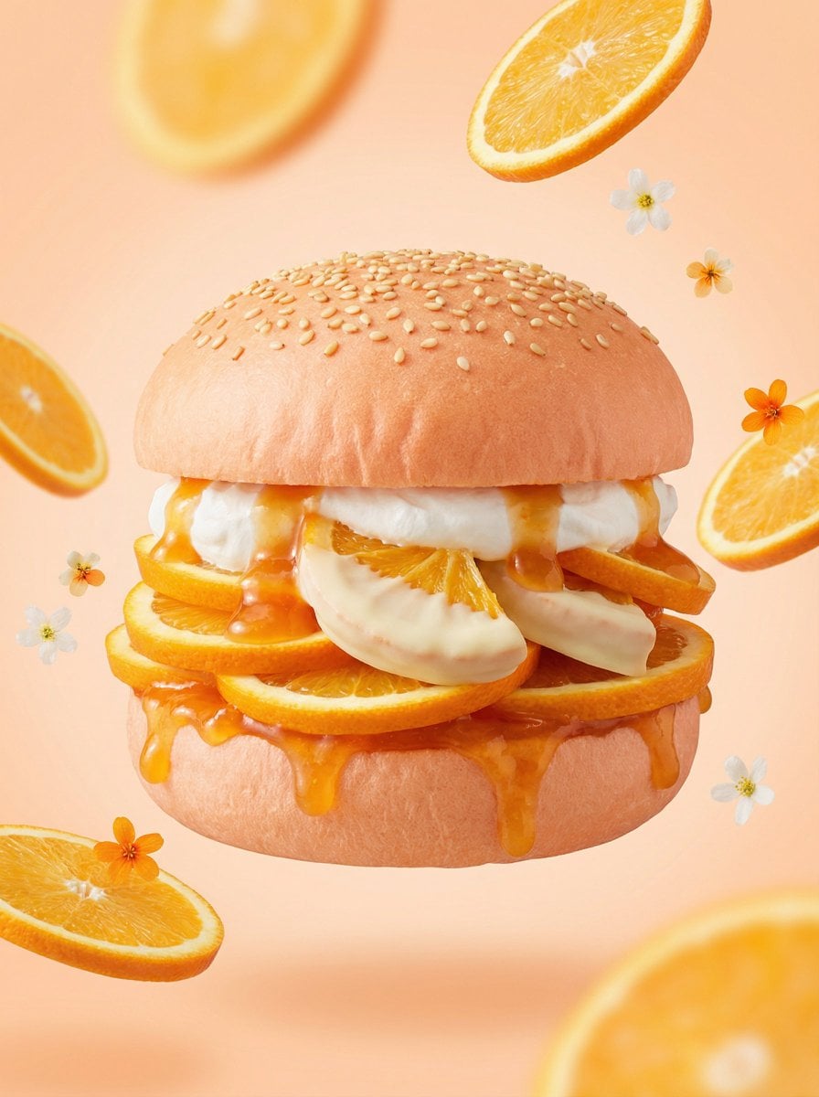 A hyper-realistic {FRUIT} dessert burger, centered composition, soft pastel {FRU