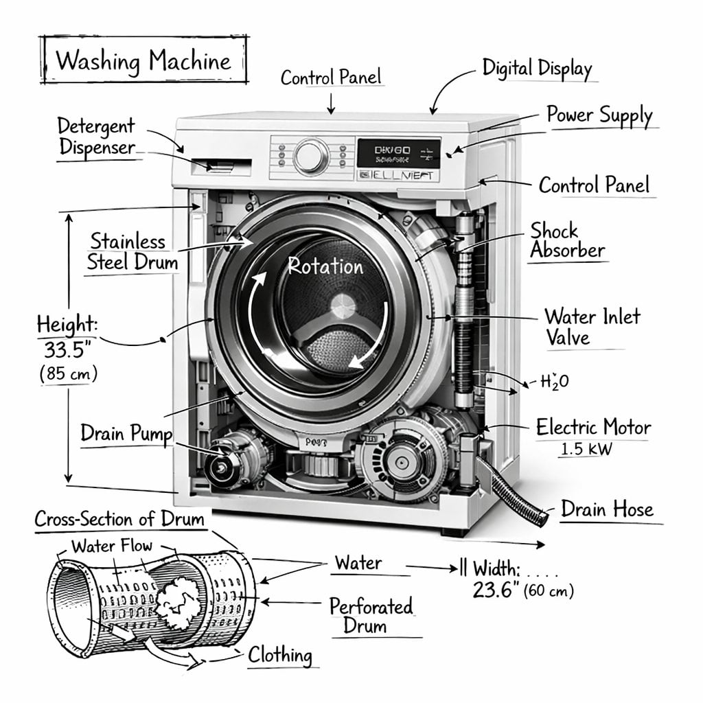 Create an infographic image of [washing machine], combining a realistic photogra