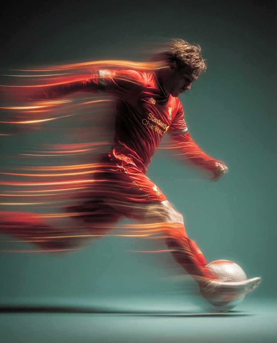 Panning shot of a mysterious soccer player in red proffesional soccer jearsy mid