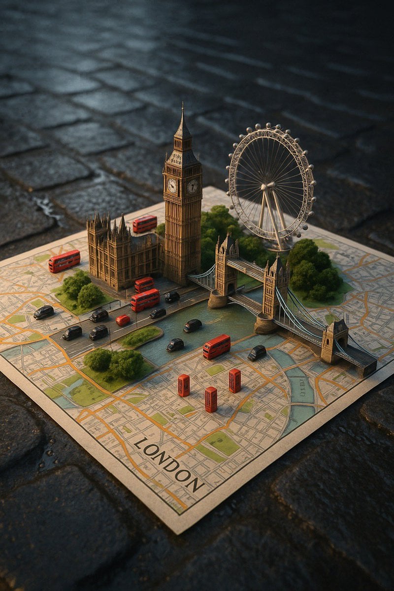 A street-style map of [CITY_NAME] placed on a {MAP_SURFACE}, with a photorealist