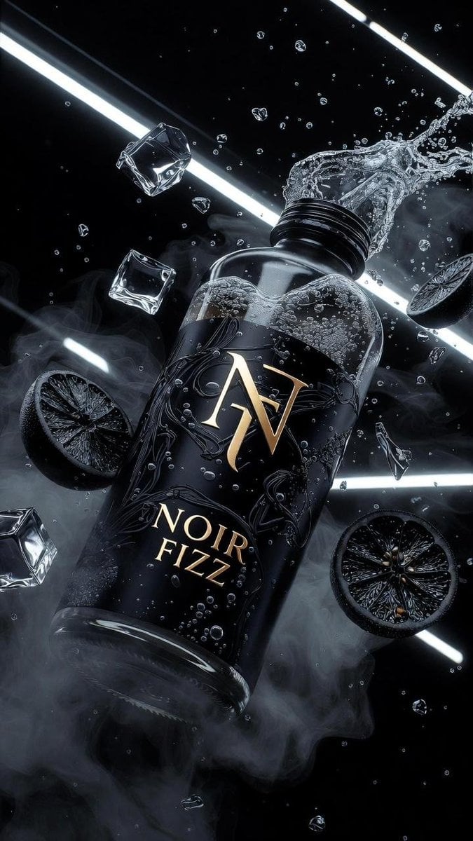 Ultra-cinematic product photography of a matte black luxury soda bottle labeled 