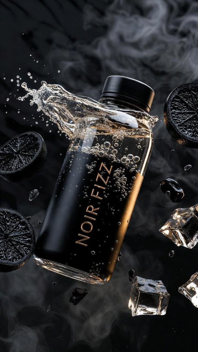 Ultra-cinematic product photography of a matte black luxury soda bottle labeled 