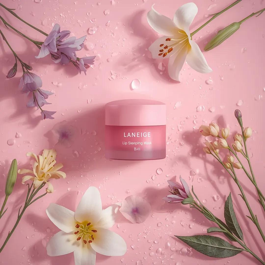A hyper-realistic beauty product photograph of a pink [LANEIGE Lip Sleeping Mask