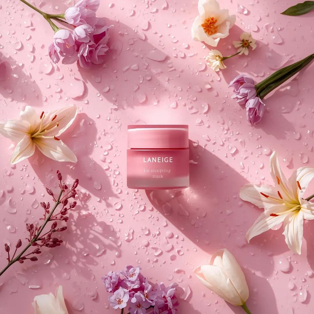 A hyper-realistic beauty product photograph of a pink [LANEIGE Lip Sleeping Mask