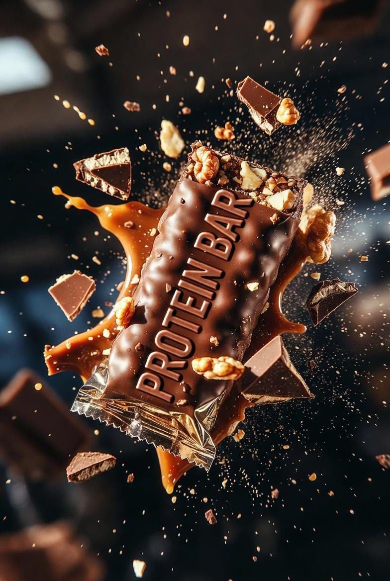 Ultra-cinematic product photography of a premium protein bar wrapped in metallic