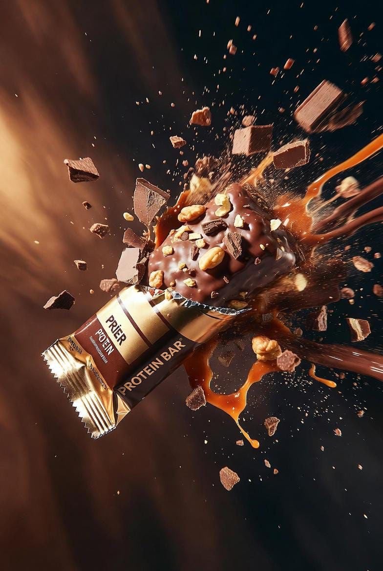 Ultra-cinematic product photography of a premium protein bar wrapped in metallic