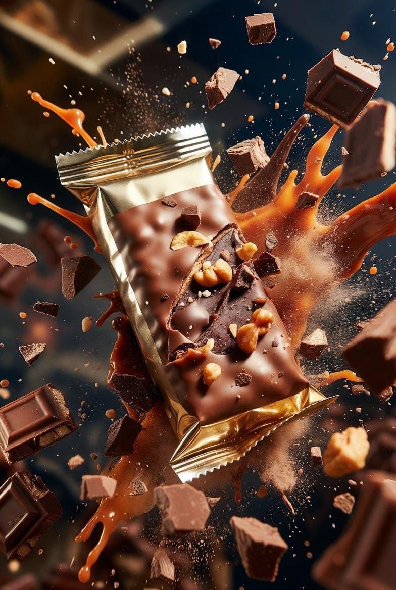 Ultra-cinematic product photography of a premium protein bar wrapped in metallic