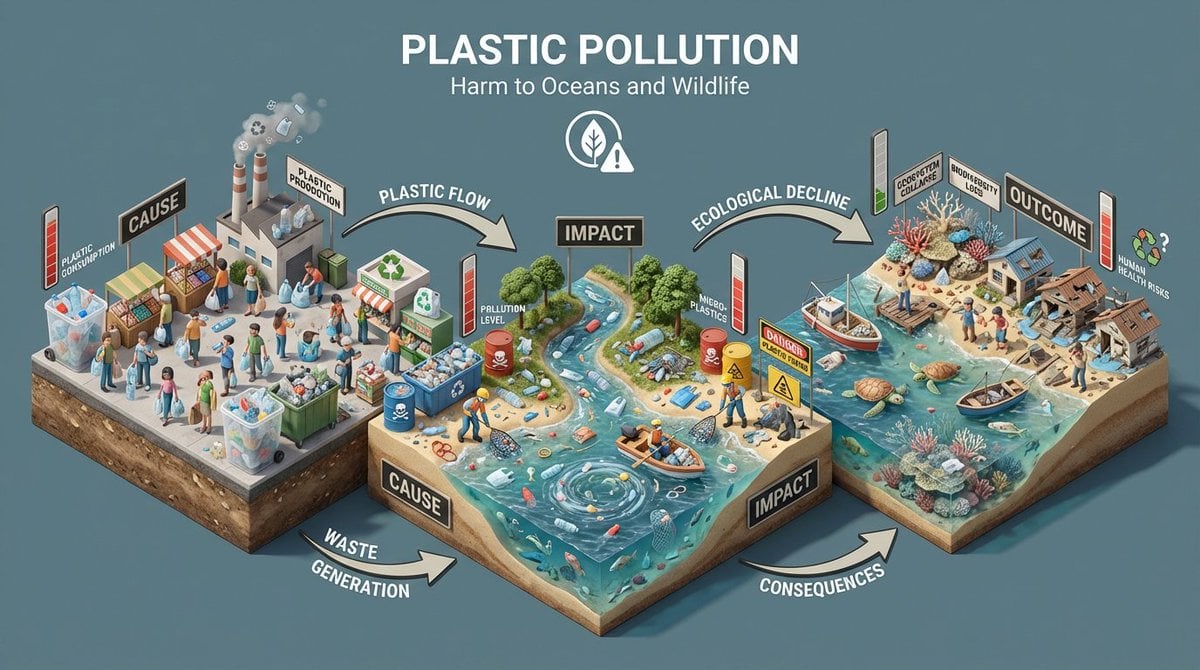“Build an isometric miniature 3D diorama explaining the environmental impact of 
