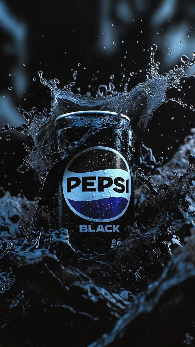 Hyper-realistic cinematic product photograph of a Pepsi Black can, front-facing 