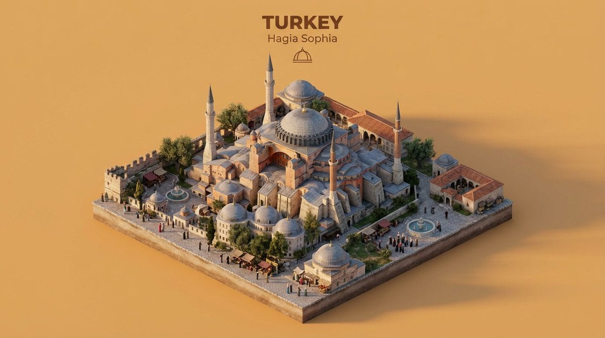 \Create an isometric miniature 3D diorama representing the iconic architecture o