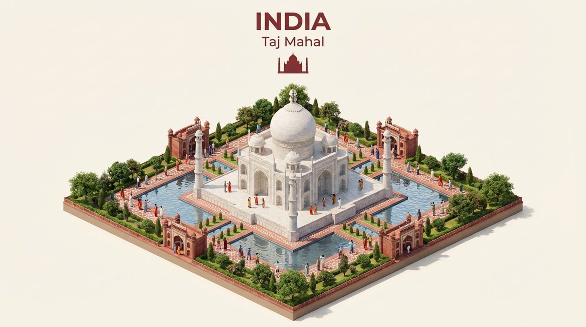 \Create an isometric miniature 3D diorama representing the iconic architecture o