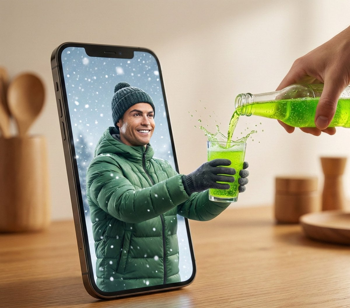 A hyper-realistic surreal photograph of a modern smartphone lying flat on a wood