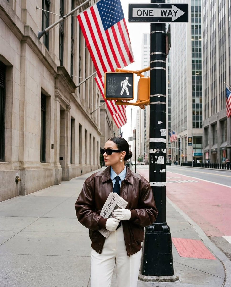 Ultra-realistic street fashion editorial photograph in New York City / Wall Stre