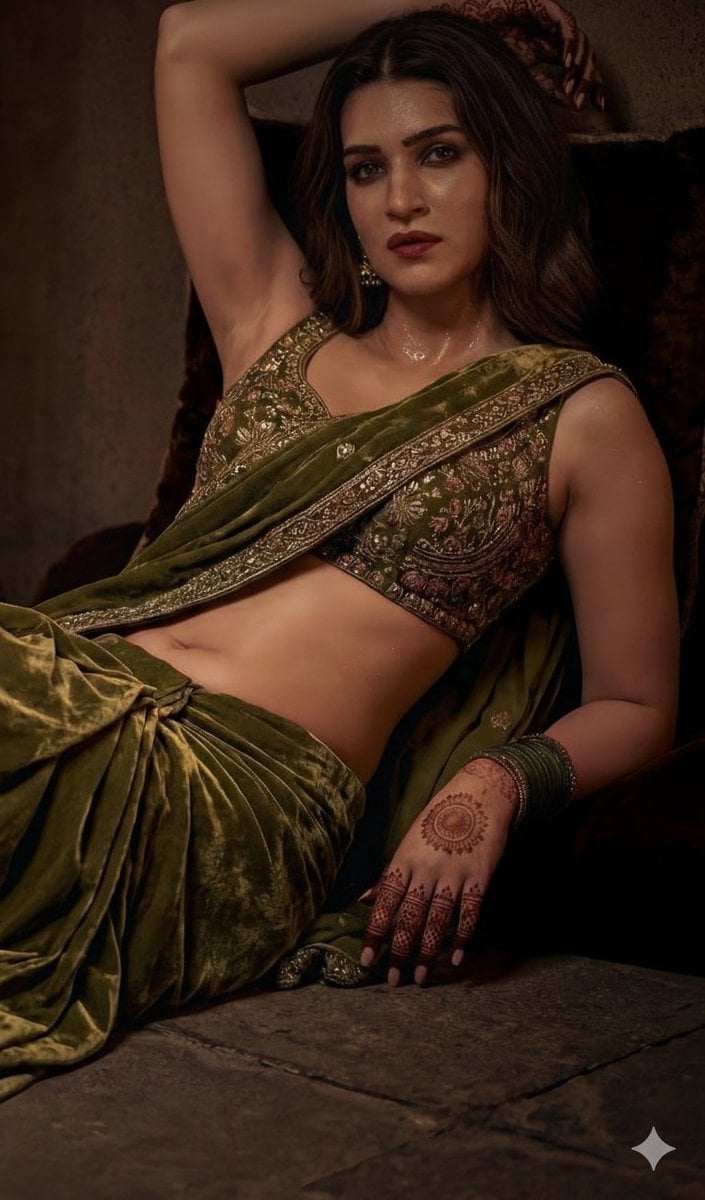 A detailed, high-fashion studio photograph of a woman posing gracefully, wearing