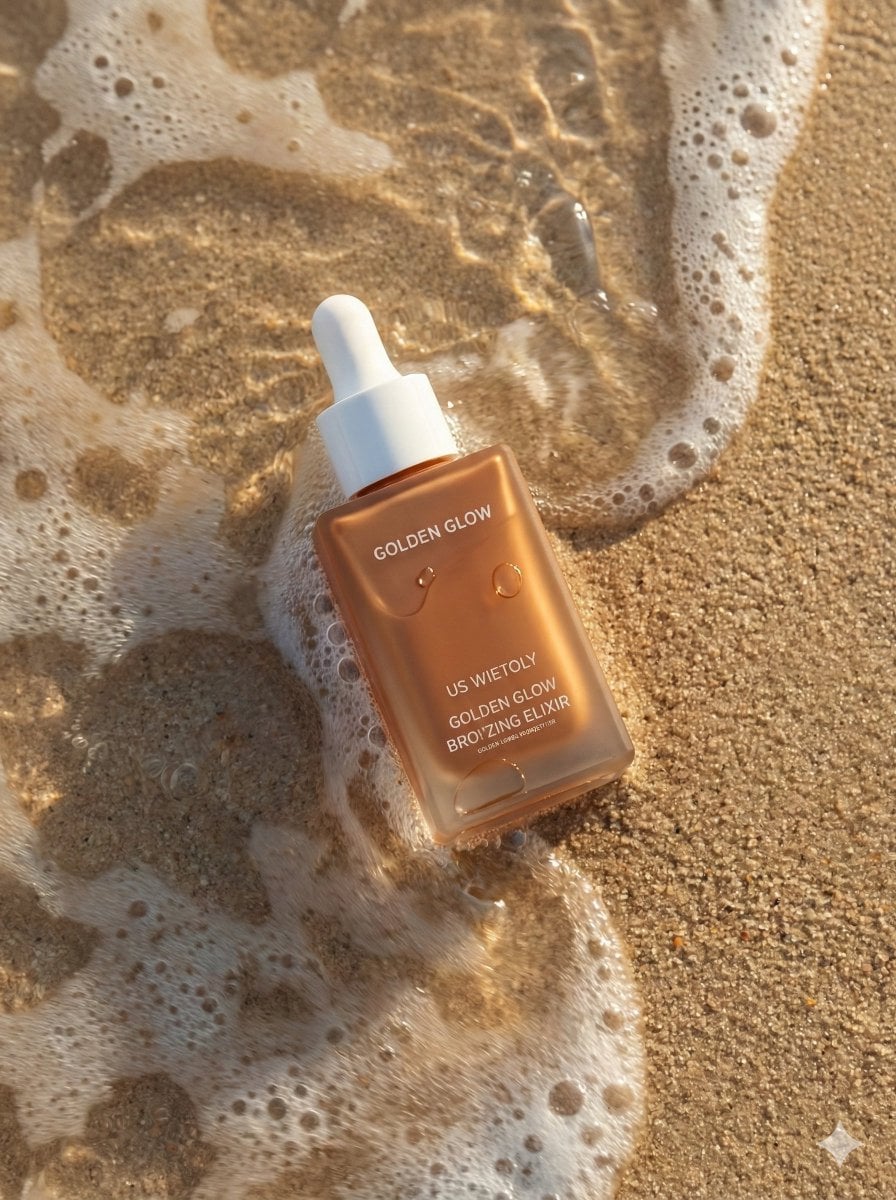 Ultra-realistic summer skincare product photography of a bronzing drop bottle na