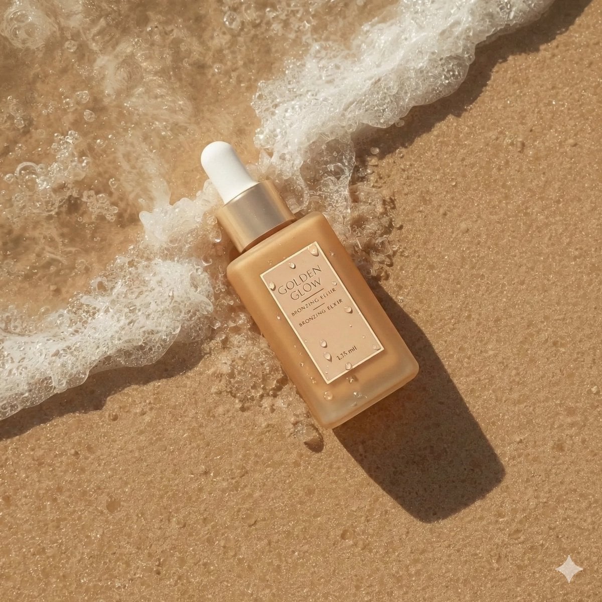 Ultra-realistic summer skincare product photography of a bronzing drop bottle na