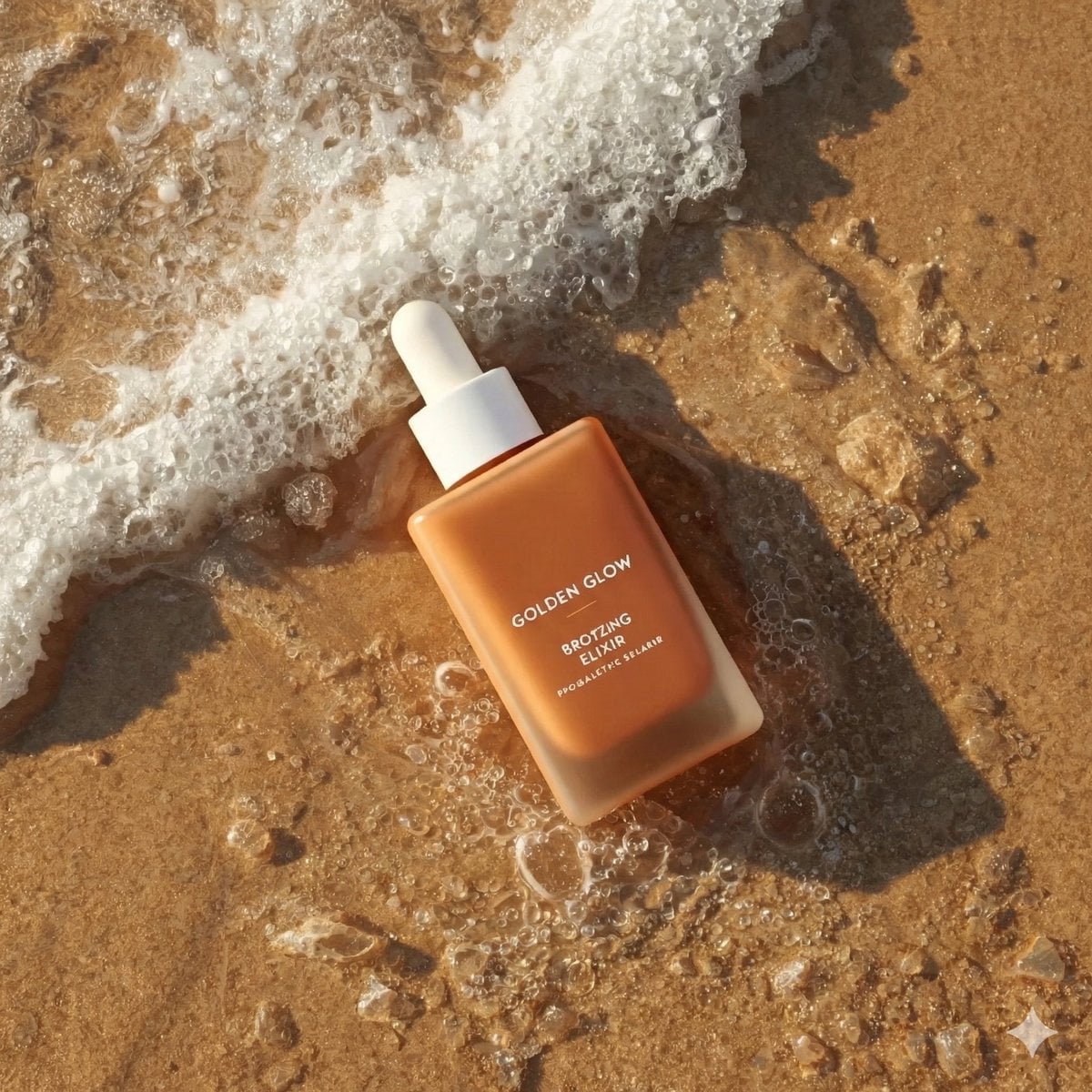 Ultra-realistic summer skincare product photography of a bronzing drop bottle na
