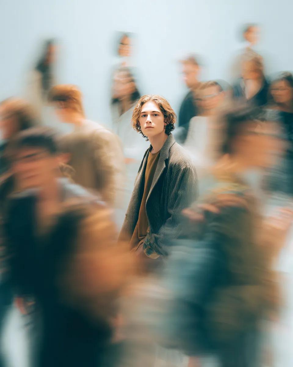 Cinematic portrait of a young person standing still in the middle of a busy crow