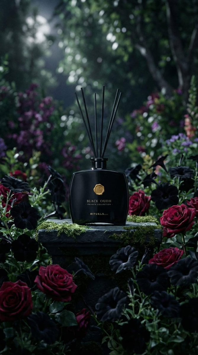 Ultra-realistic luxury product photography of a black glass reed diffuser bottle