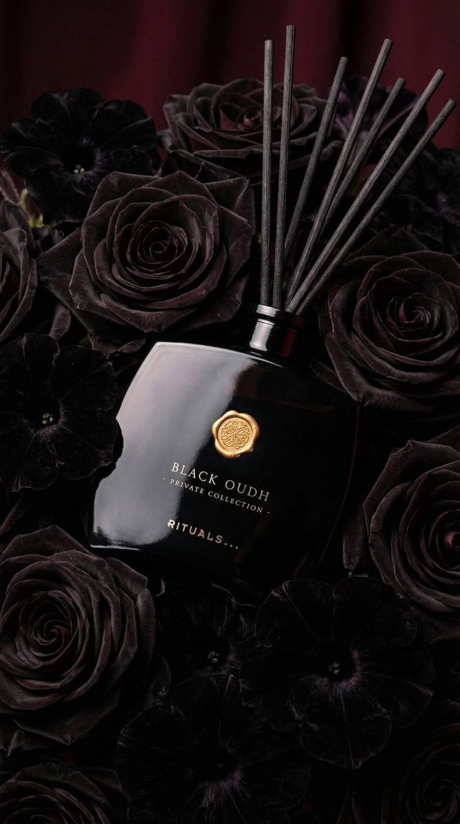 Ultra-realistic luxury product photography of a black glass reed diffuser bottle