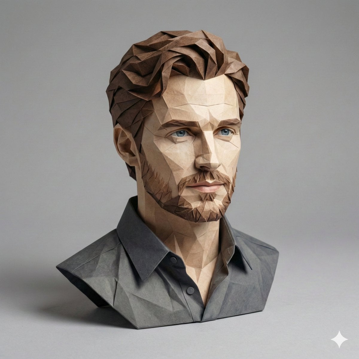 A hyper-detailed, origami-style version of a person, folded from high-quality pa