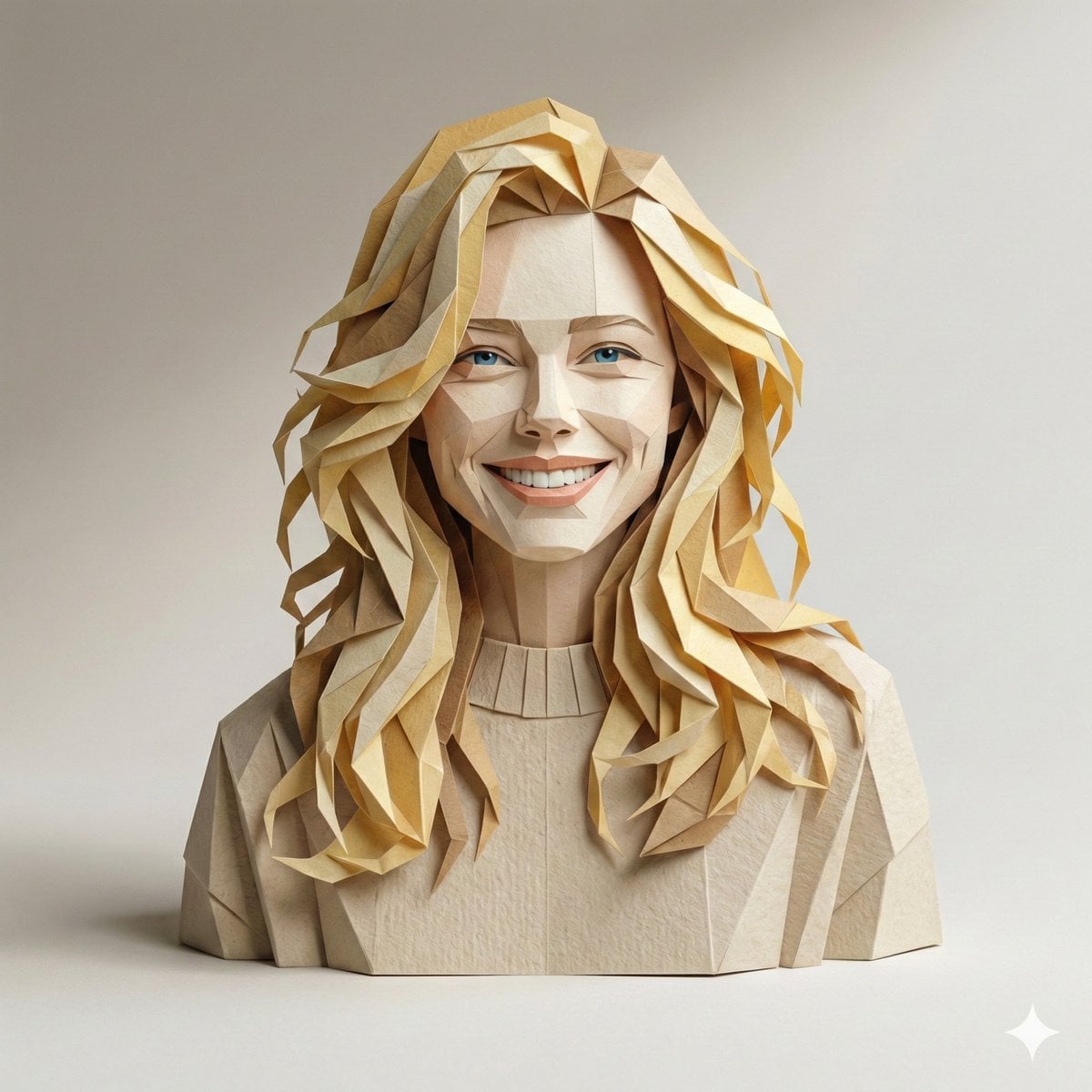 A hyper-detailed, origami-style version of a person, folded from high-quality pa