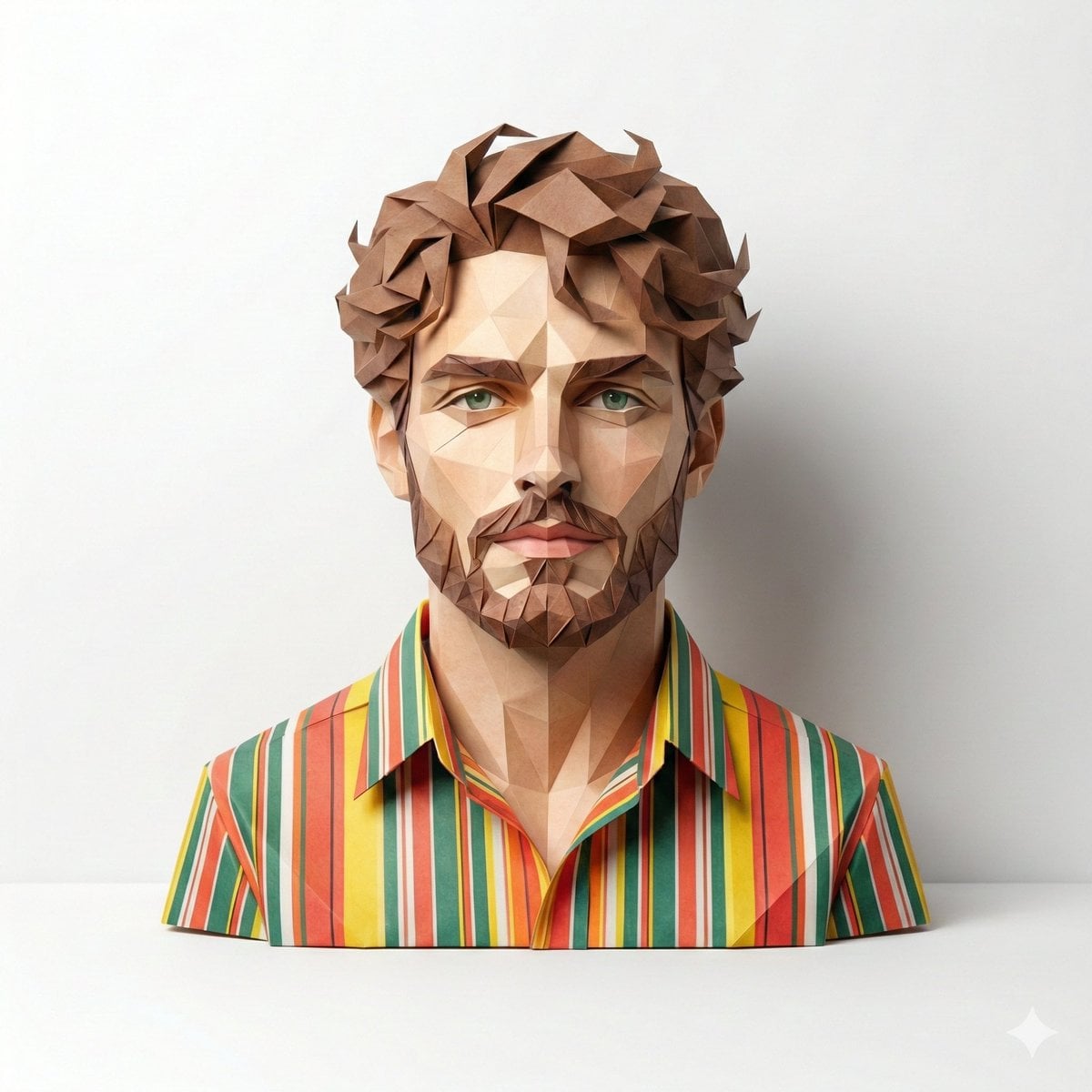 A hyper-detailed, origami-style version of a person, folded from high-quality pa