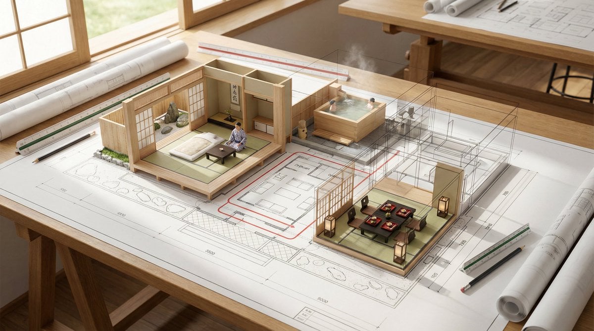 An architectural floor plan of {BUILDING_TYPE} spread across a drafting table, w