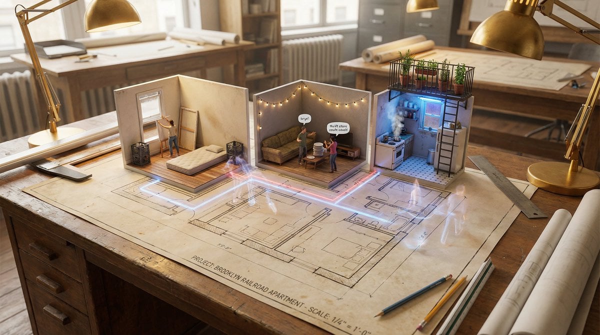 An architectural floor plan of {BUILDING_TYPE} spread across a drafting table, w