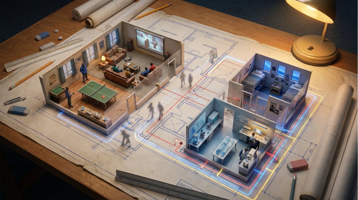 An architectural floor plan of {BUILDING_TYPE} spread across a drafting table, w